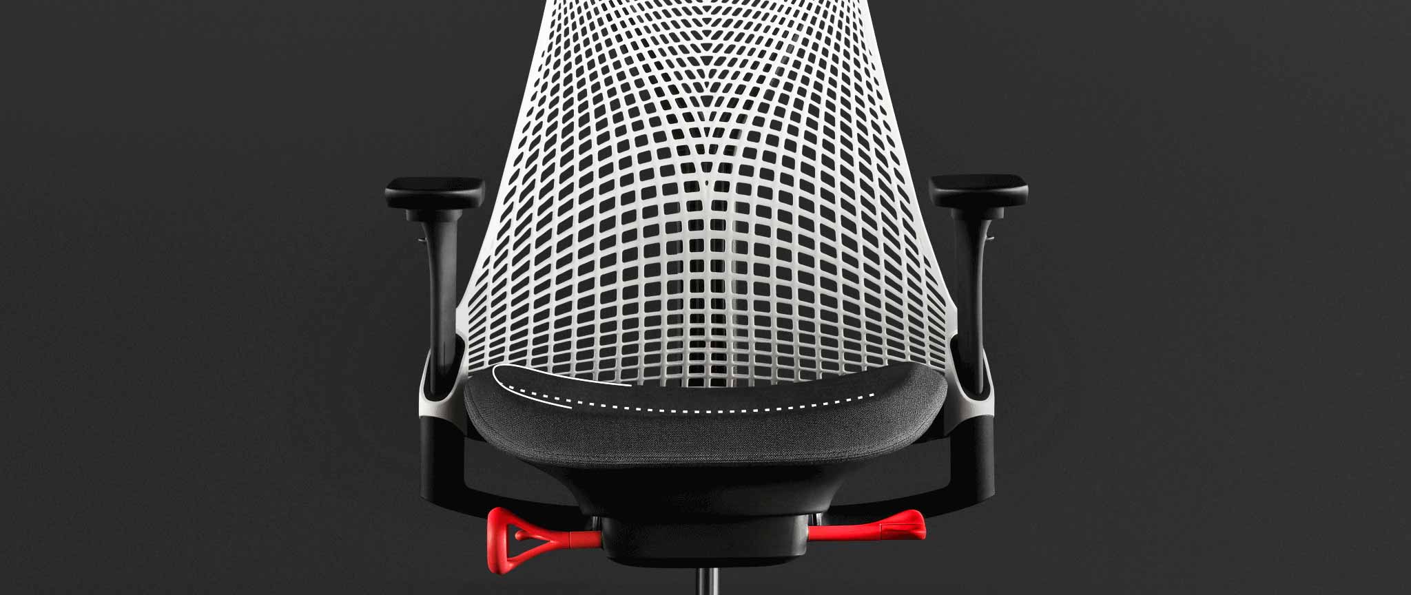 Front view of a white and black Sayl gaming chair by Herman Miller, overlaid with white graphics highlighting the contoured seat pad.