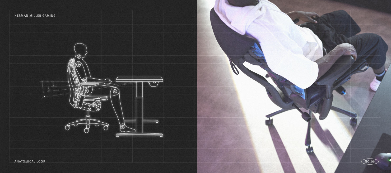Mechanical diagram of person in correct optimal position in Embody gaming chair in front of Nevi gaming desk along with top down photo of person sat in Embody gaming chair cyan