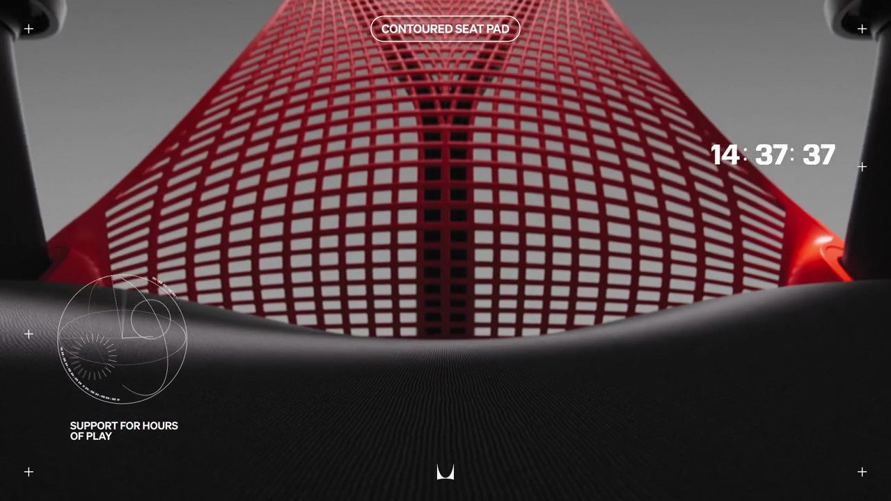 Close view of Sayl gaming chairs contoured seat pad annotated with wording 'Contoured Seat Pad' and 'Support for hours of play'