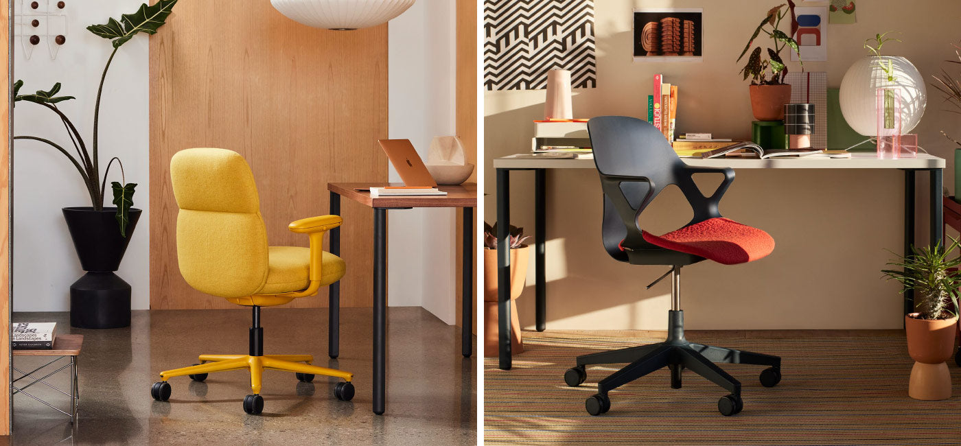 Home office setting with Asari mid back office chair in marigold yellow in front of OE1 fixed height desk in black with hardwood top next to another one with Zeph office chair in carbon with blaze red seat pad in front of OE1 fixed height desk in black with white