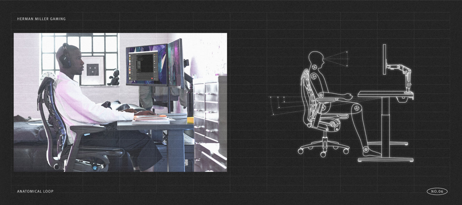 Photo of person sat in optimal position gaming next to mechanical diagram of person in correct optimal position