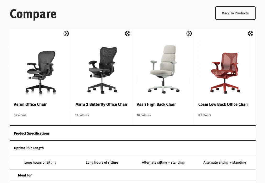 Picture showing the Herman Miller comparision tool that allows you to view up to 4 home office chairs with all specifications side by side