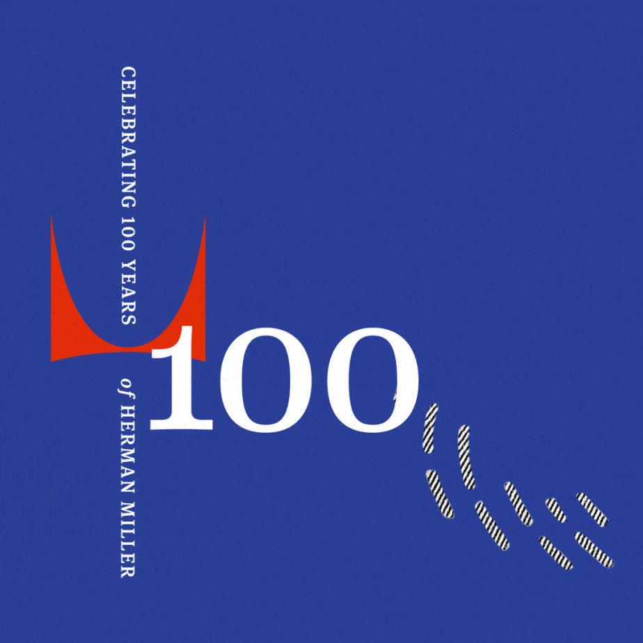Graphical image celebrating 100 Years of Herman Miller - blue background with number 100 and text