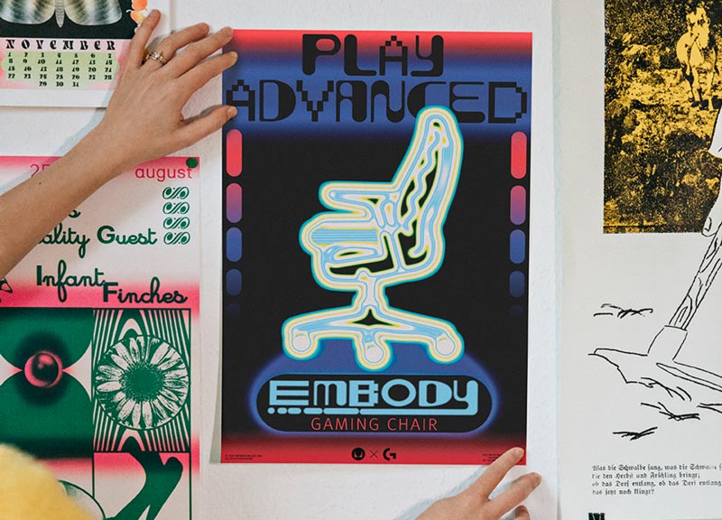 Picture of final poster for Embody gaming chair held up against the wall by Molly Rose Dyson