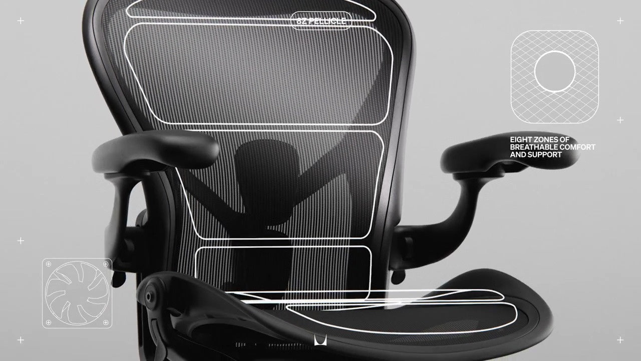 Front view of Aerong gaming chair with line drawing highlighting the areas of the 8Z Pelicle material annotated with wording 'Advanced lower lumber support' and '8Z Pelicle'