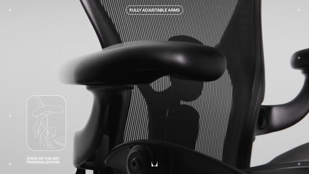 Close view of Aeron gaming chair arms showing adjustability with line drawing of same area annotated with 'State of the art personalistion' and 'Fully adjustable arms'