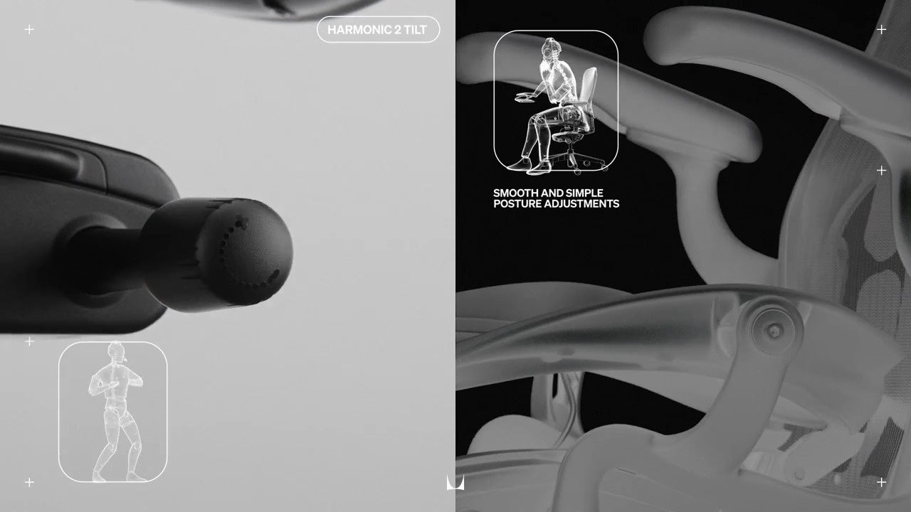 Close up of the tile mechanism on the Aeron chair side by side to a x-ray style image of chair tilting back annotated with 'Harmonic tilt 2' and 'Smooth and simple posture adjustments'