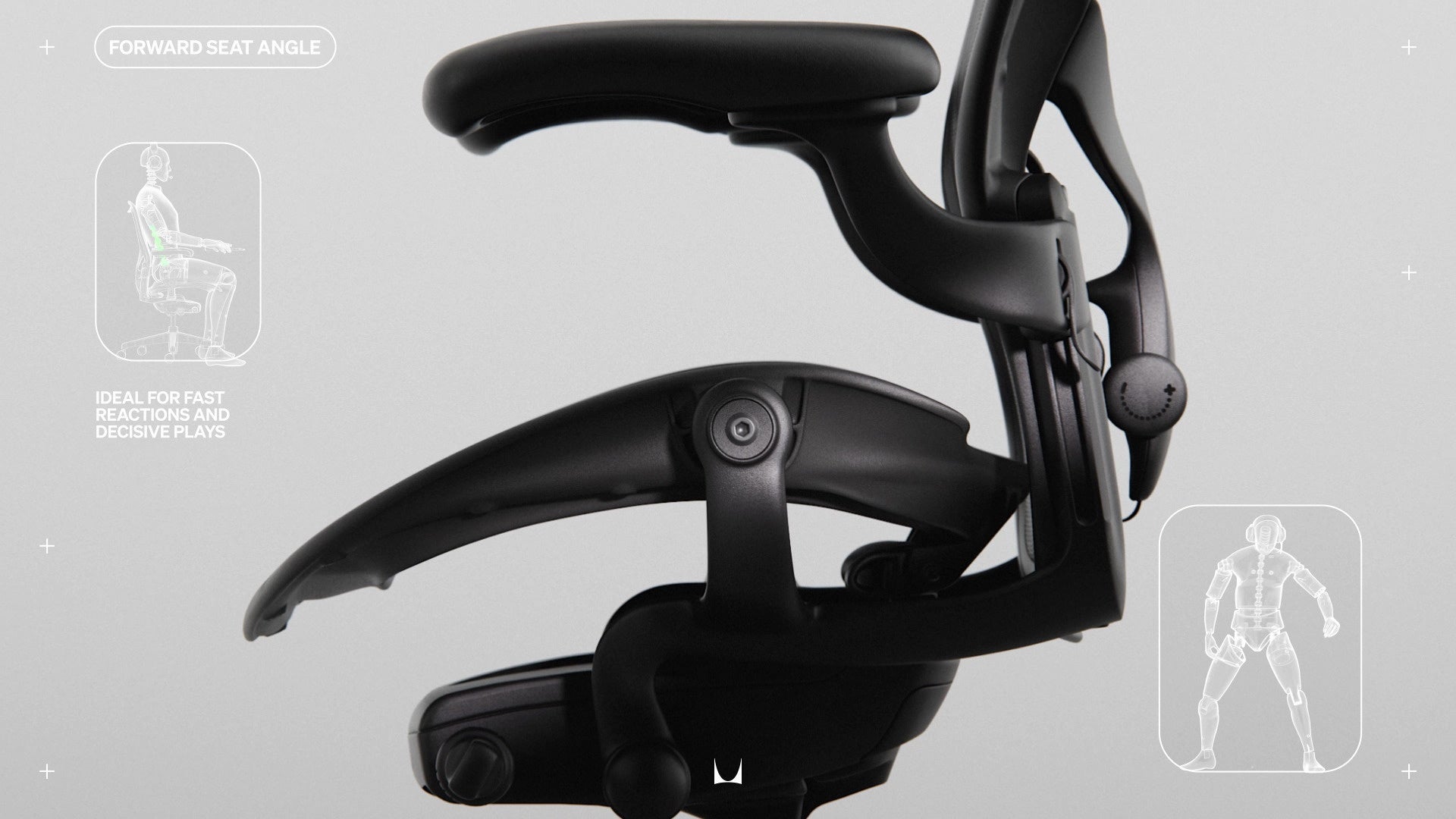 Side view of Aeron gaming chair showing all the adjustment mechanisms annotated with small line drawings with wording 'Forward seat Angle' and 'Ideal fast reaction and decisive plays'