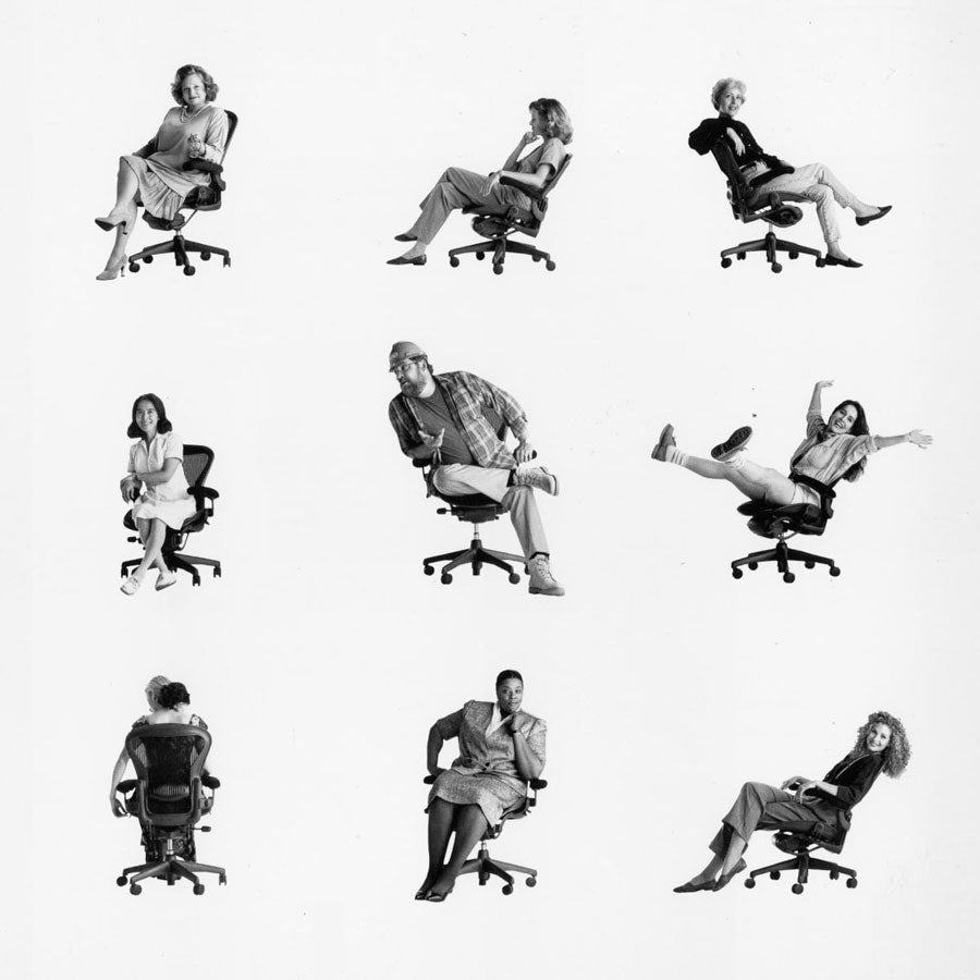 Grid style image featuring nine smaller images of different people sitting in Icon Herman Miller Aeron chairs