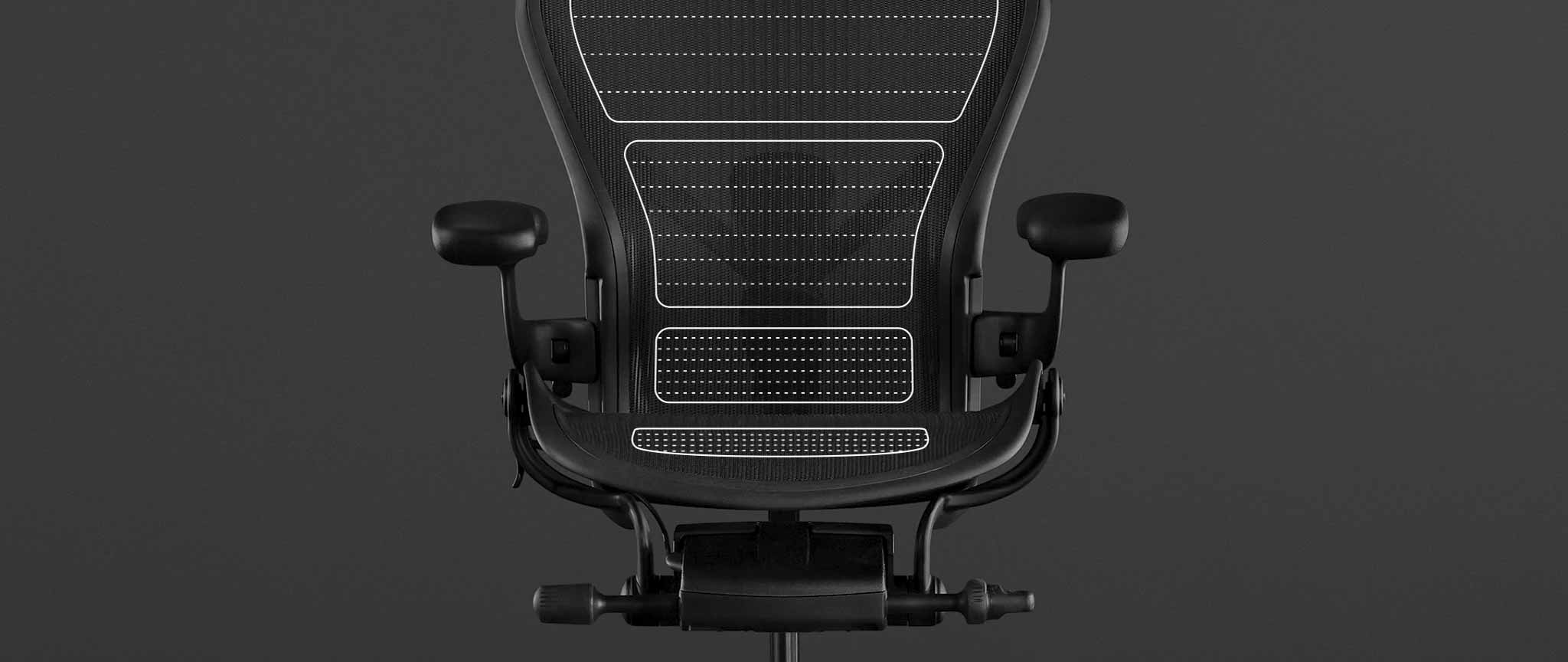 Font view of a black Aeron gaming chair by Herman Miller, overlaid with white graphics highlighting the 8Z Pillicle material.