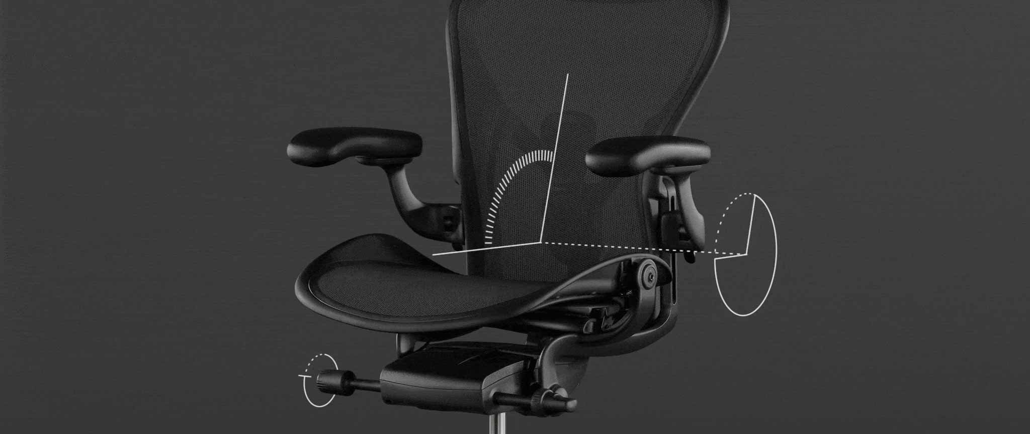 Font view of a black Aeron gaming chair by Herman Miller, overlaid with white graphics highlighting the tilt feature.