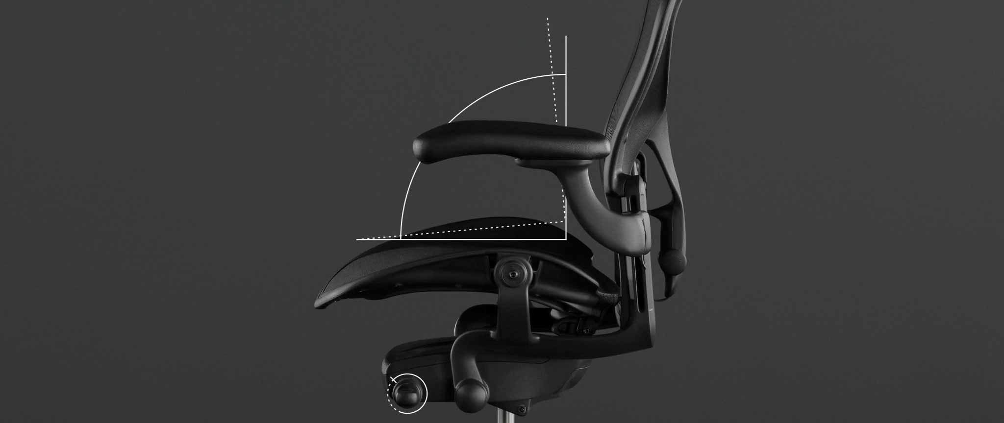 Side view of a black Aeron gaming chair by Herman Miller, overlaid with white graphics highlighting the forward seat angle.