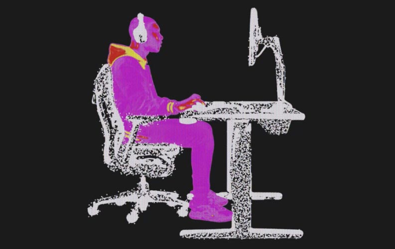 Stylised image of person sat on Herman Miller Embody gaming chair with Nevi gaming desk and monitor on Ollin monitor arm.