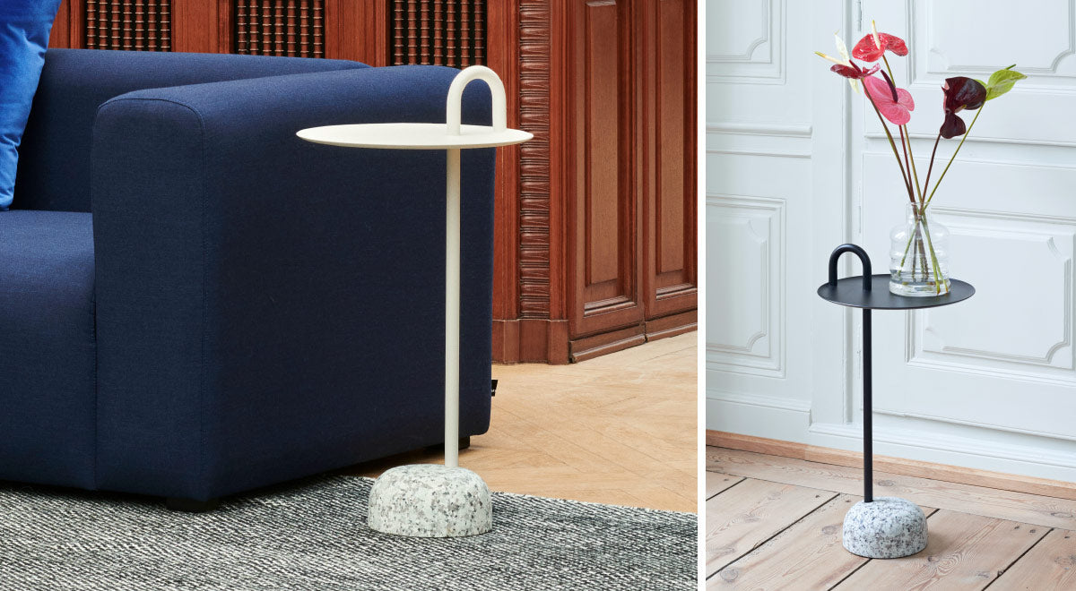 A collage of two images showing two Bowler side tables by HAY, one white and one black, set in a home environment.