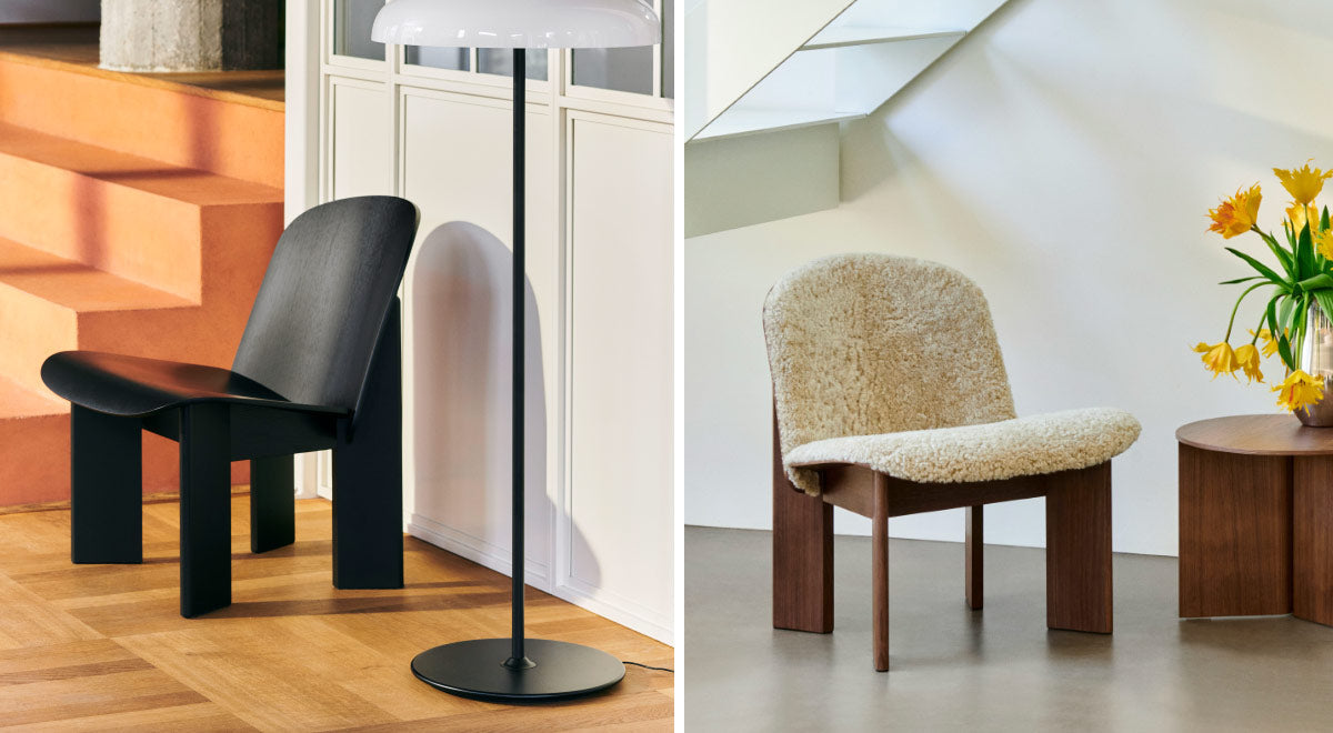 A collage of two images showing two Chisel lounge chairs by HAY, one black and one walnut with a sheepskin upholstery. Set in an indoor home environment with white walls and minimalist styling.