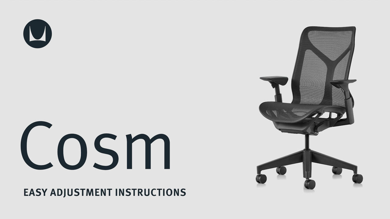 A video showing the technical adjustment features of a Herman Miller Cosm office chair, including seat height and arm adjustment.