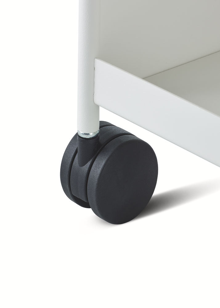 Close view of the wheels on a Herman Miller OE1 storage trolley.