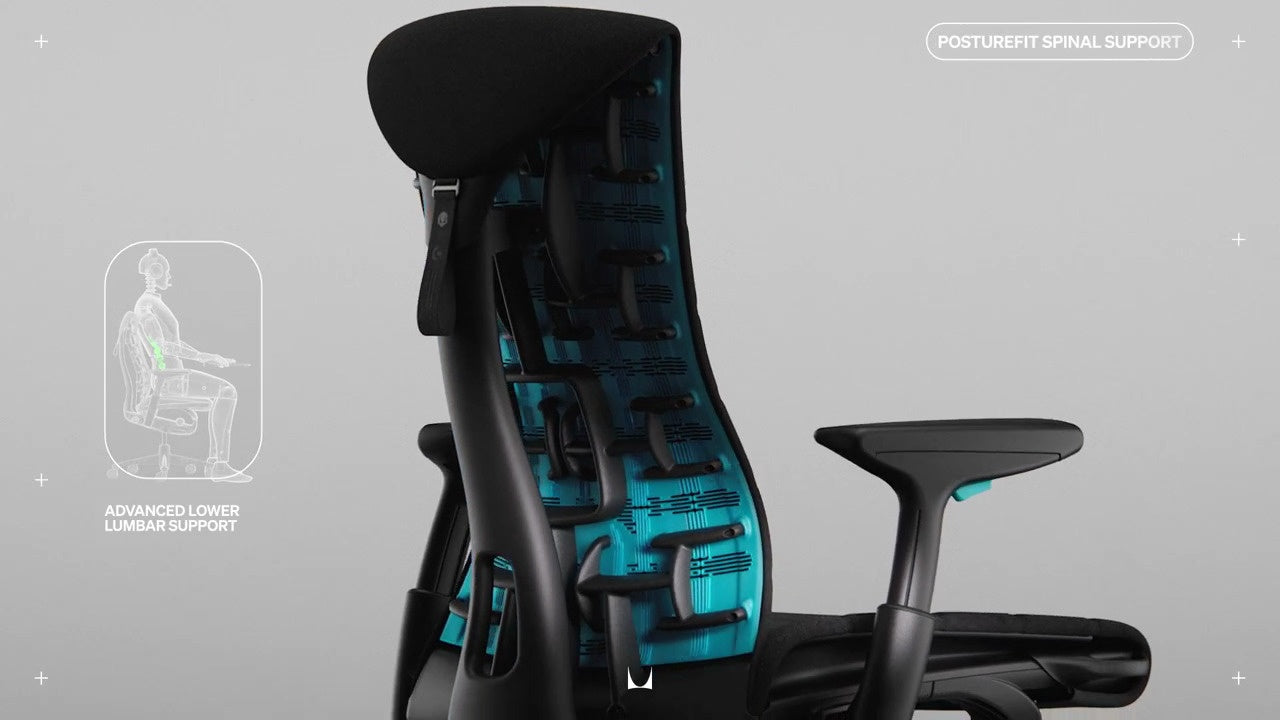 Side on view of Logitech Embody gamign chair in black and cyan, overlaid with small line drawing of the chair with outline of person sat with words advanced lower lumber support to the left and Posturefit spinal support in top right of image