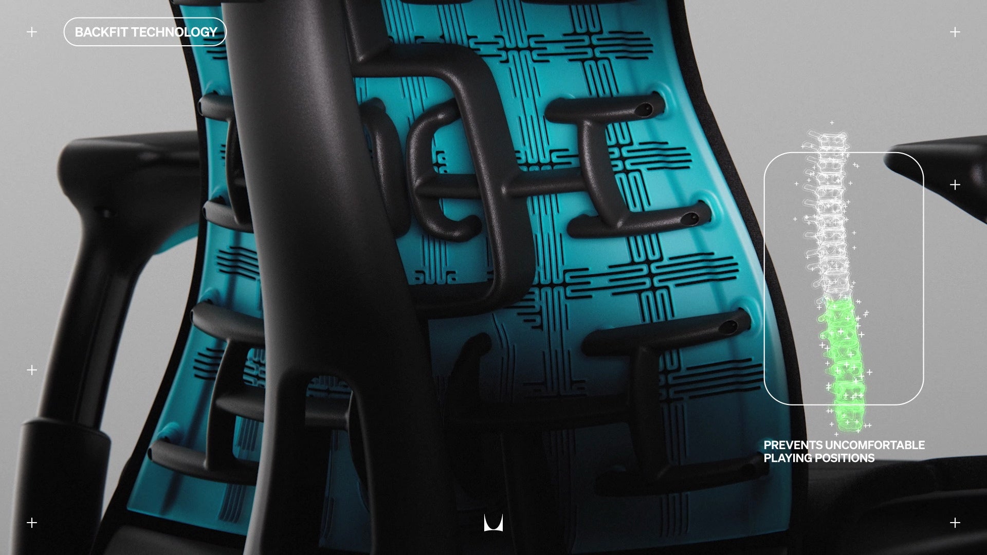 Close view of the spine on the back of Embody gaming chair in cyan, overlaid with small line drawing of a human spine  with wording 'prevents uncomfortable playing positions' and Backfit Technology in top left of image