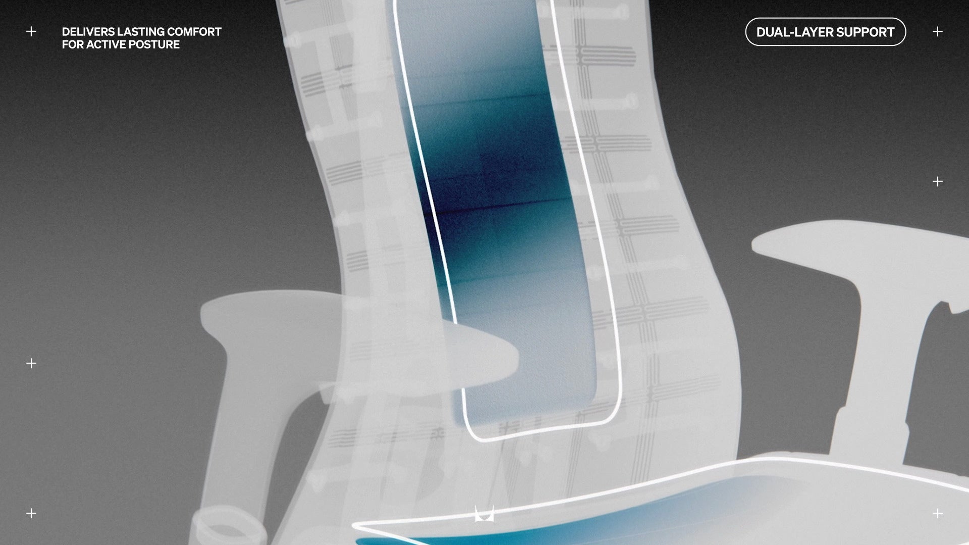 Cool thermal image of front view of Embody gaming chair overlaid with line drawing around the middle section of the back and seat, wording in top right coner 'Dual Layer Support' and top left 'Delivers lasting comfort for active posture'
