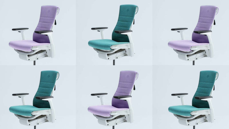 A playful and captivating video showcasing the Herman Miller Embody gaming chair in white, blue and purple.