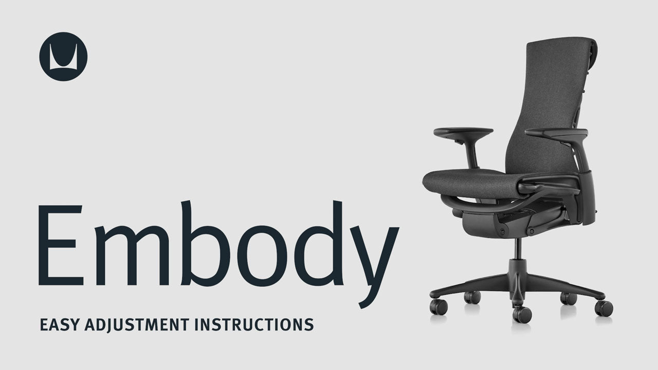 A video showing the technical adjustment features of a Herman Miller Embody office chair, including seat height, seat depth, tilt tension, tilt limiter, back support adjustment and arm adjustment.