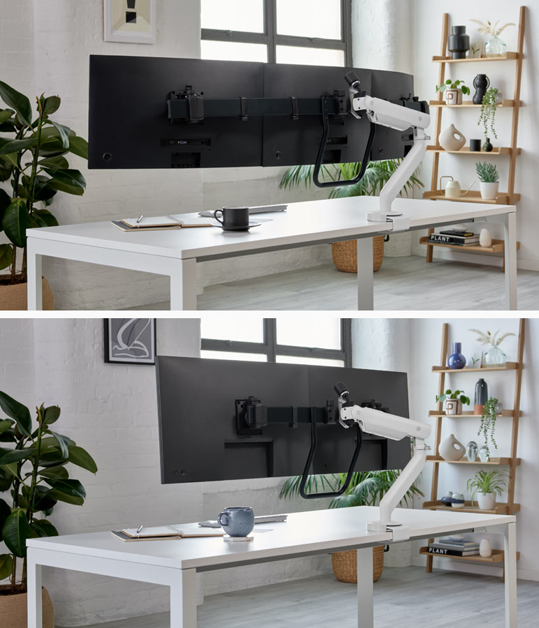 A collage of two images featuring white Flo X monitor arms by CBS, one with two screens and one with three screens. Set in a home office with white brick walls, wooden shelves and indoor plants.