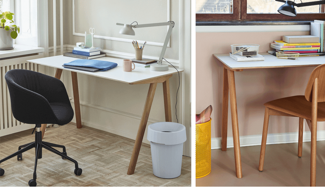 Two images of HAY's vinyl-topped oak desk, the CPH90, as part of a warm home office.
