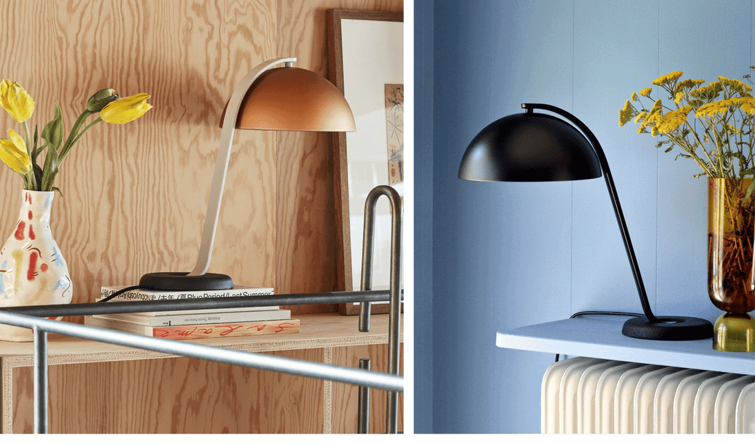 Two images of HAY's stylish Cloche domed lamp in brass and black.