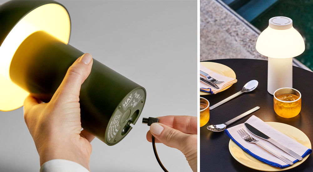 A collage of two images, the first a close-up of a green PC portable lamp by HAY, showing someone plugging in the charger, the second a white PC portable lamp by HAY, set on a black dining table.