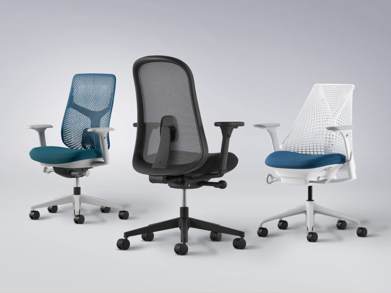 Herman Miller Verus, Lino and Sayl ergonomic office chairs in blue, green and black.