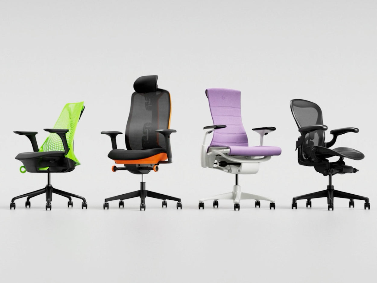 A Herman Miller Embody ergonomic gaming chair in white and Amethyst purple against a white backdrop.