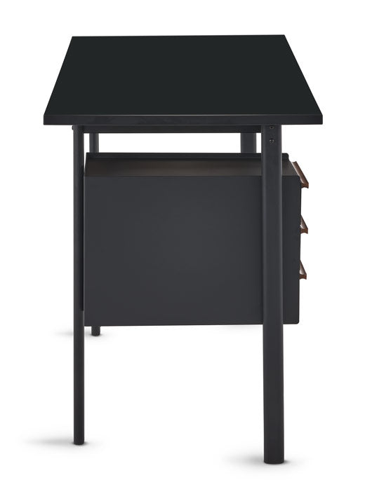 Side view of a black Mode desk by Herman Miller, showing the compact and slim design.