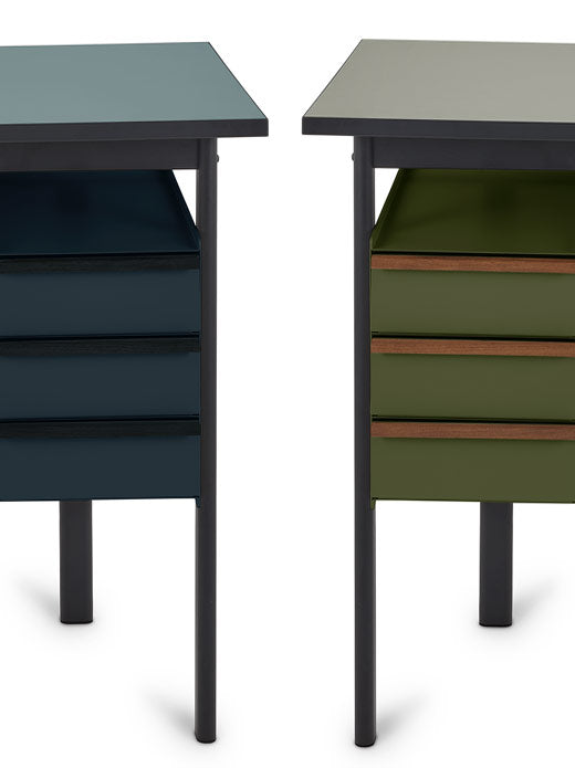 Front view of two Mode desks by Herman Miller in blue and green, showing the range of colours available.