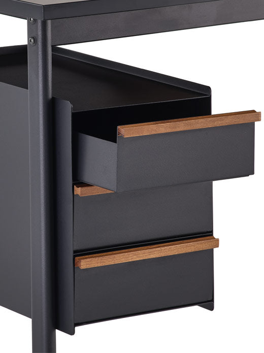 Front view of a black Mode desk by Herman Miller, showing the optional drawer cabinets for home office storage.