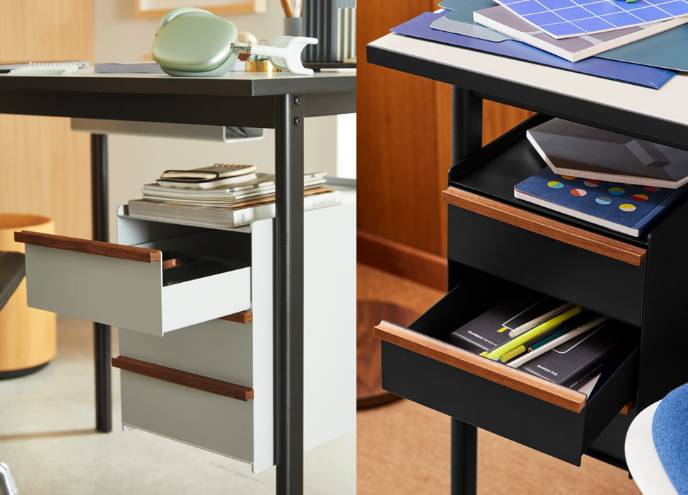 A collage of two images showing the optional storage drawers of a Mode desk by Herman Miller.