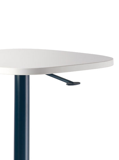 Close-up of a blue and white Passport table by Herman Miller, showing the lever used to manually raise or lower the table.