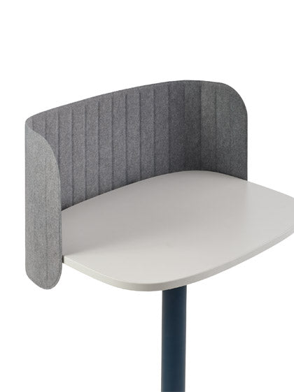 Close-up of a grey privacy screen wrapped around a white and blue Passport table by Herman Miller.