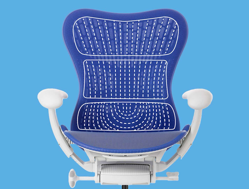 A video of a blue and white Mirra 2 office chair by Herman Miller, front-facing with white graphics overlaid, highlighting its ergonomic backrest. 