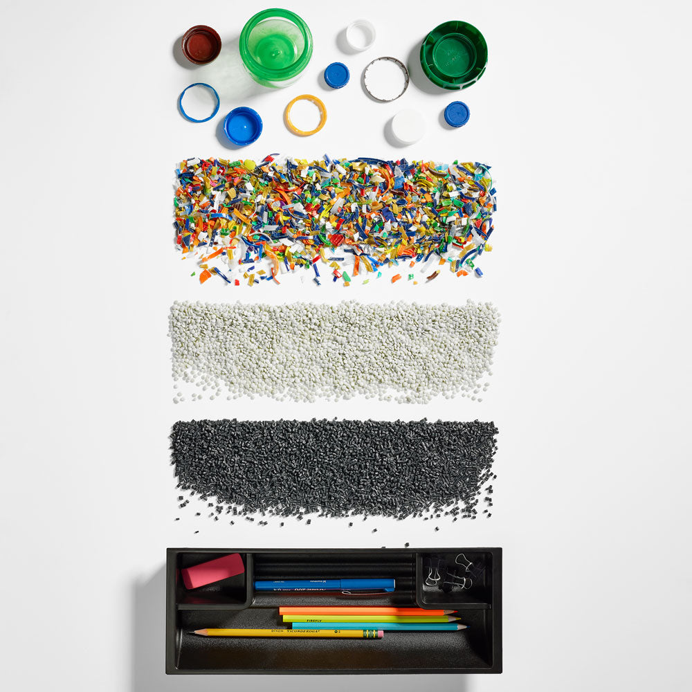 Collage style photo of plastics in various forms from large pieces to micro pieces that respresent the Ocean Bound Plastic initiative at Herman Miller