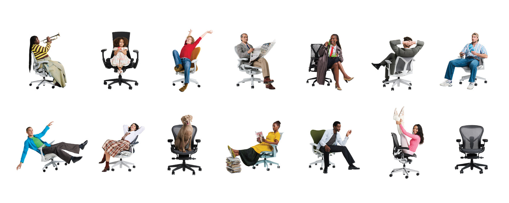 Two rows of Herman Miller office chairs against a white backdrop, occupied by a variety of people and one dog.