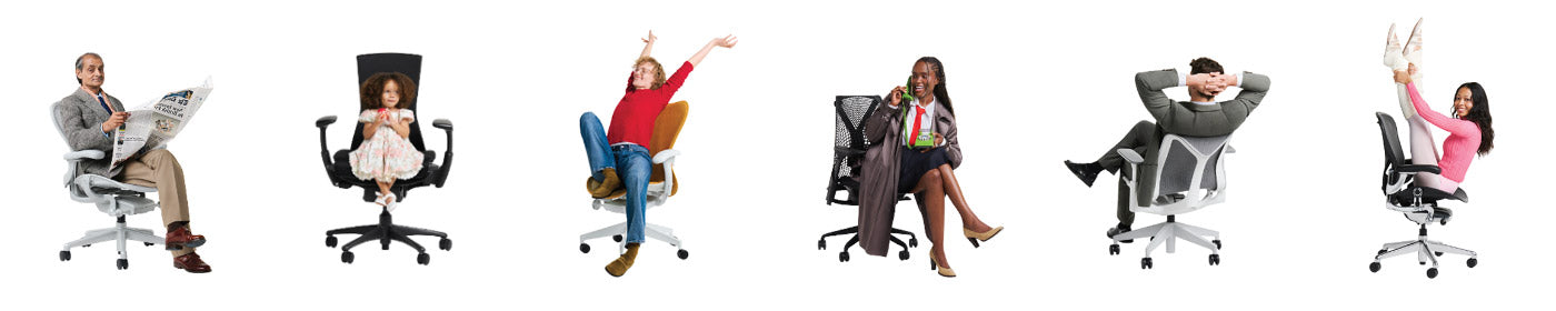 A row of six Herman Miller ergonomic desk chairs including Aeron, Embody, Mirra 2, Sayl and Cosm.