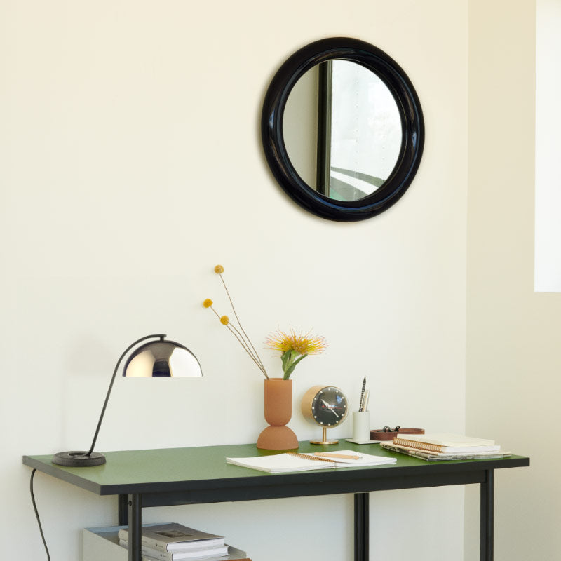 Mode compact desk with Hay Cloche table lamp and mirror on the wall
