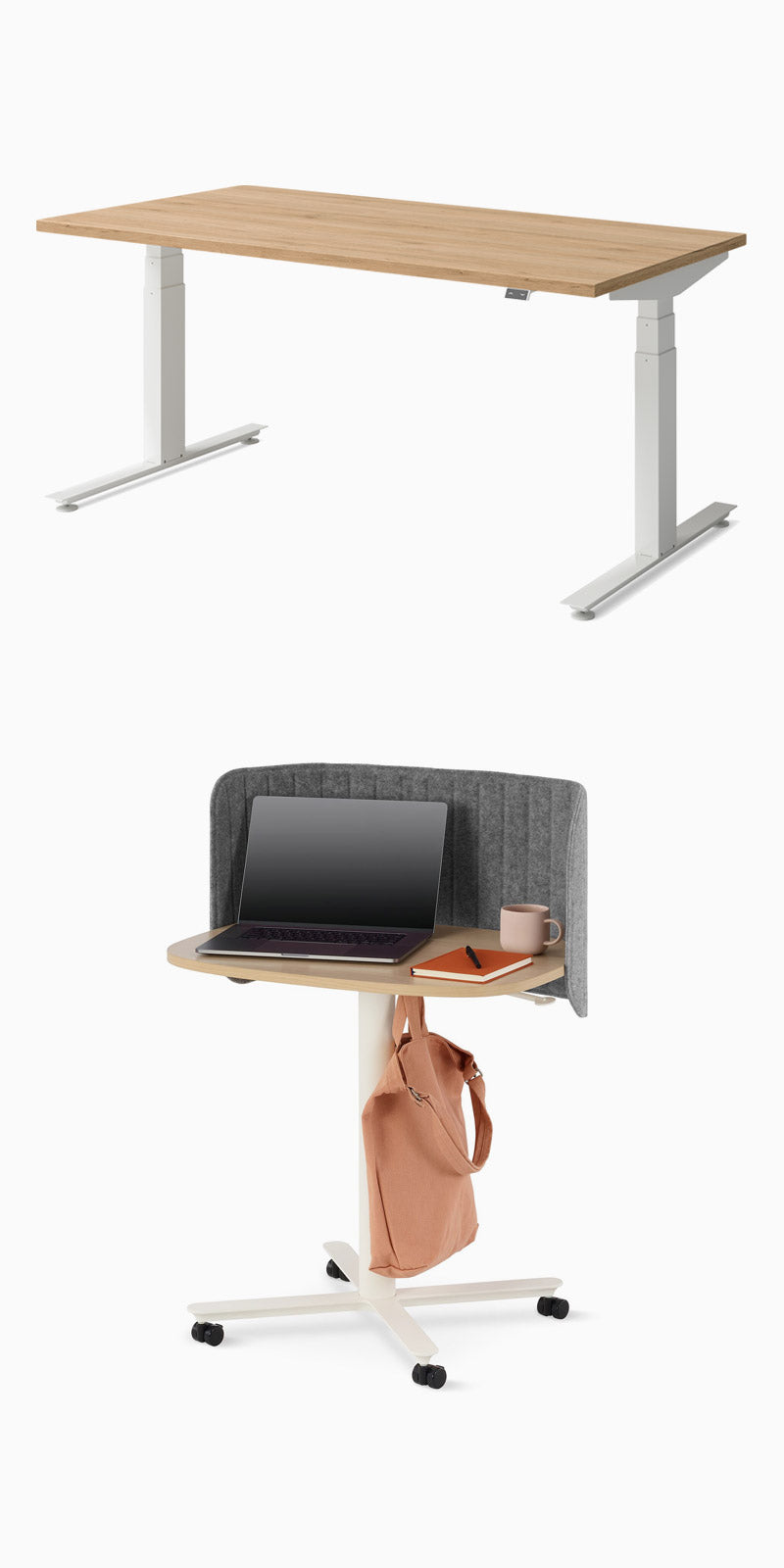 A Herman Miller Nevi Standing Desk and Passport Sit to Stand Desk