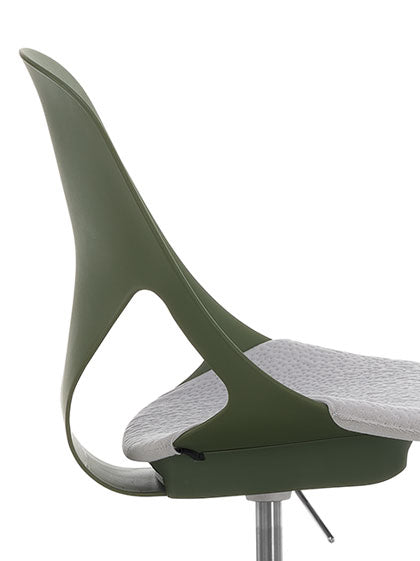 Side view of a green Zeph office chair by Herman Miller with a grey seat pad, showing the contoured seat and back.