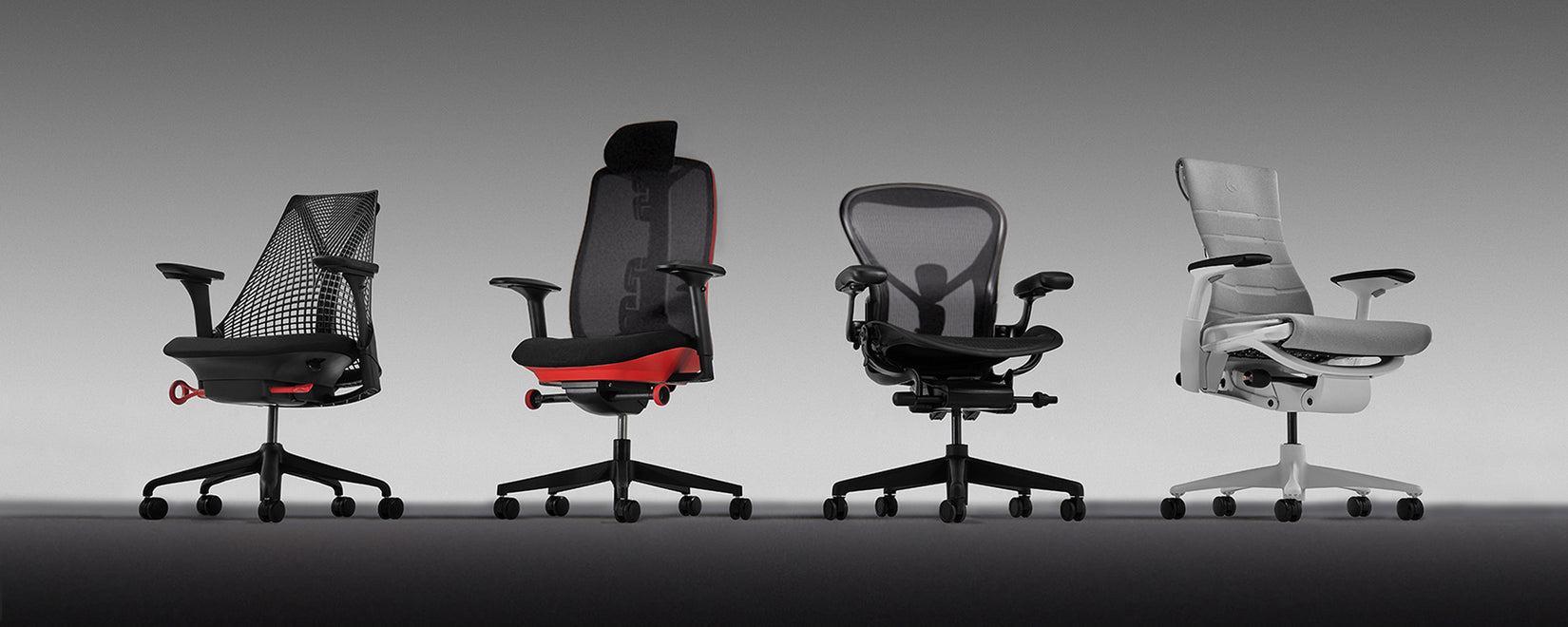 Lineup of Herman Miller's high performance ergonomic gaming chairs. Featuring Sayl, Vantum, Aeron and Embody Gaming.