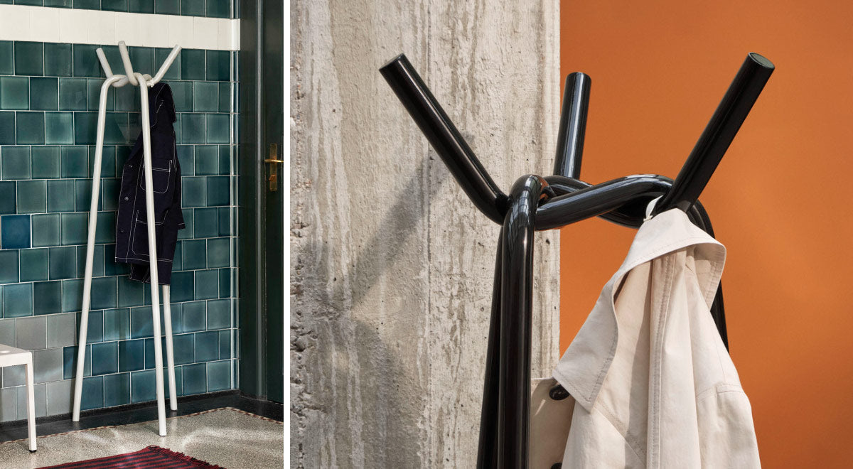 A collage of two images. The first is a white Knit coat rack by HAY in a hallway, with a denim jacket hung on it. The second is a close-up of a black Knit coat rack by HAY with a white jacket hung on it.