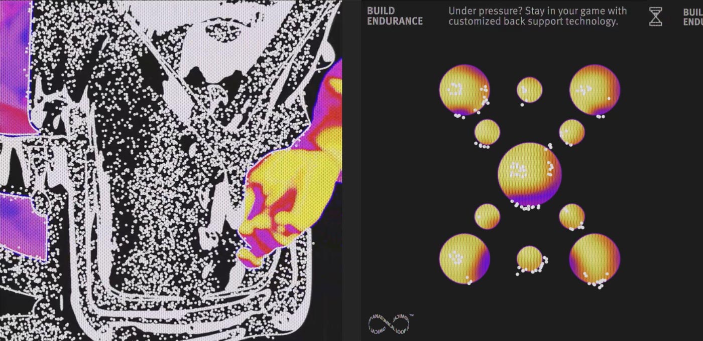Thermal imaging style picture of back of gaming chair being adjusted. Graphical image of circles in molecular style, annotated with 'Build Endurance' and 'Under pressure? Stay in your game with customised back support technology'