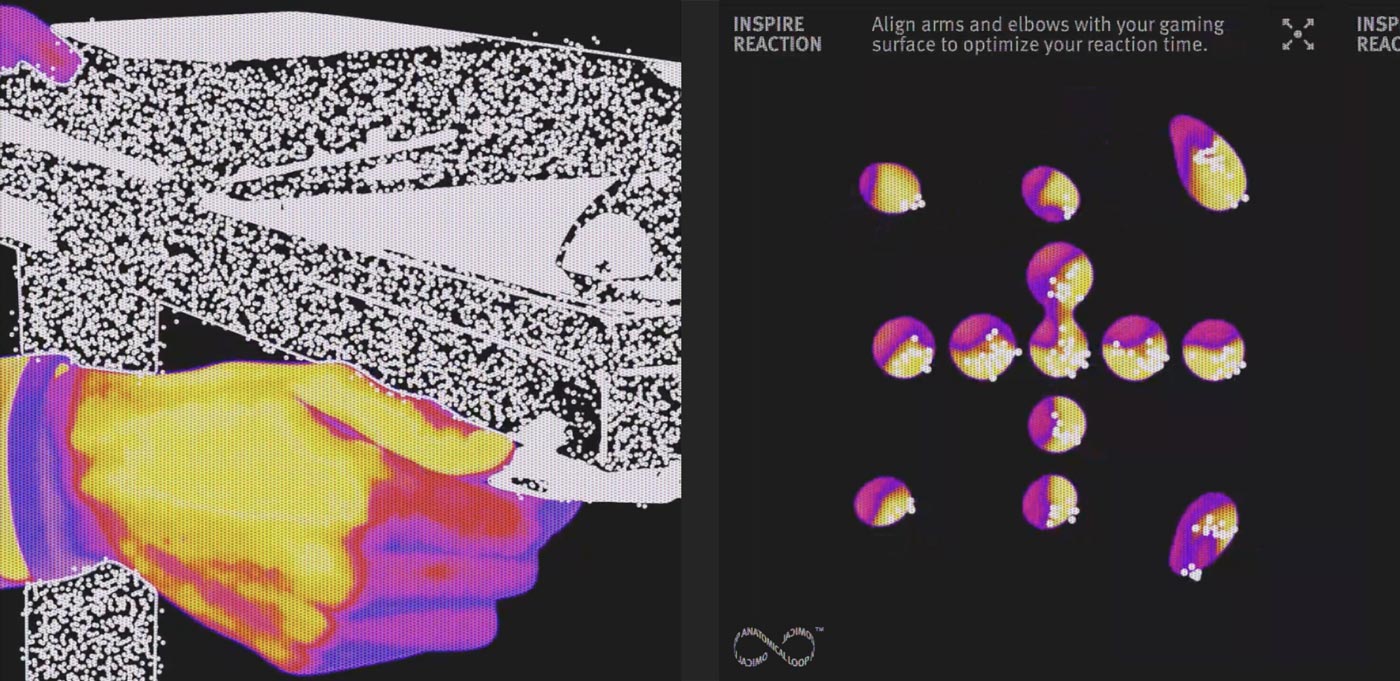 Thermal imaging style picture of person adjusting a sit-stand gaming chair to the right height. Graphical image of blobs in molecular style, annotated with 'Inspire Reaction' and 'Align arms and elbows with your gaming surface to optimise your reaction time'