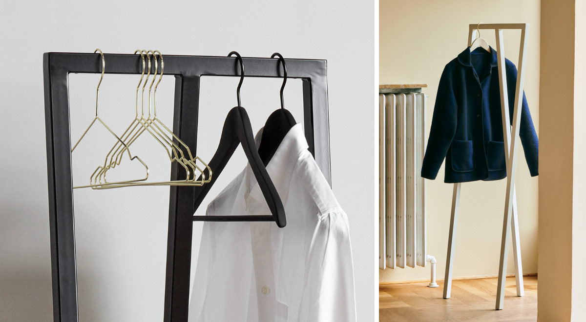 A collage of two images. The first is a close-up of a black Loop hall stand by HAY in a hallway, with a white shirt hung on it. The second is a white Loop hall stand by HAY with a denim jacket hung on it.